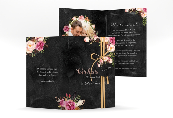 Einladungskarte Hochzeit Flowers A6 Klappkarte hoch rosegold mit bunten Aquarell-Blumen