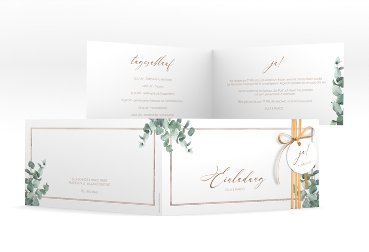 Hochzeitseinladung Eucalypt lange Klappkarte quer rosegold mit Eukalyptus und edlem Rahmen