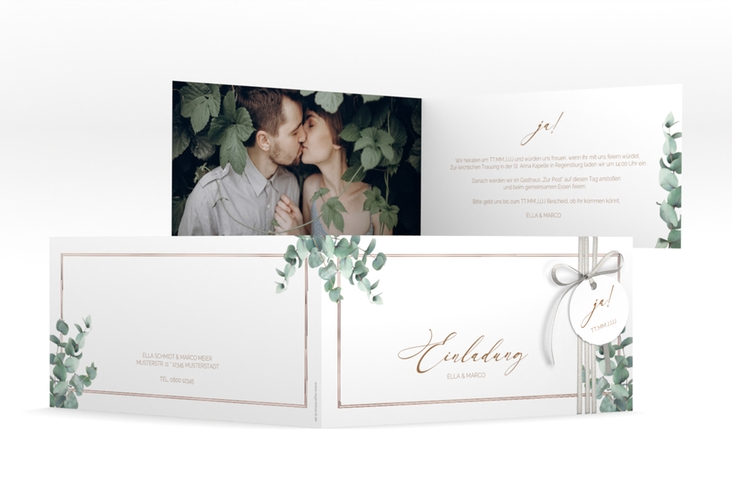 Hochzeitseinladung Eucalypt lange Klappkarte quer rosegold mit Eukalyptus und edlem Rahmen