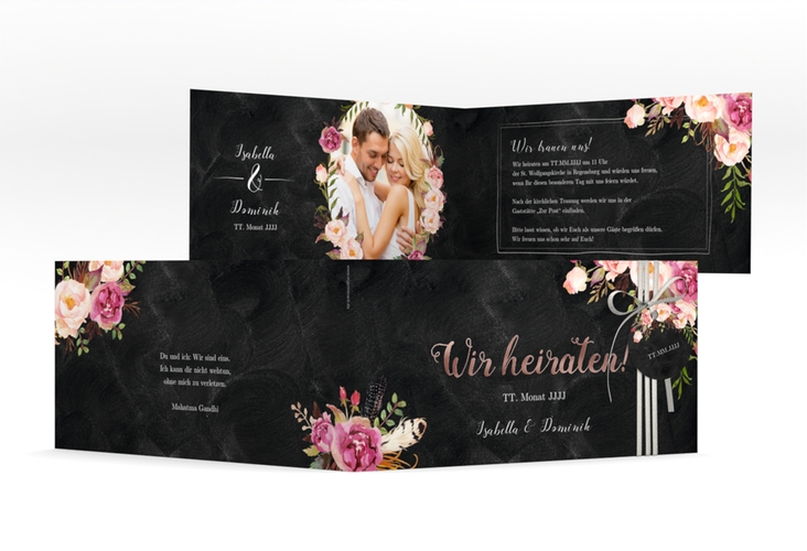 Hochzeitseinladung Flowers lange Klappkarte quer rosegold mit bunten Aquarell-Blumen