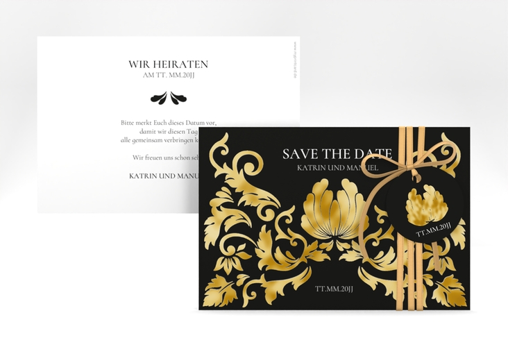 Save the Date-Karte Royal A6 Karte quer schwarz gold mit barockem Blumen-Ornament