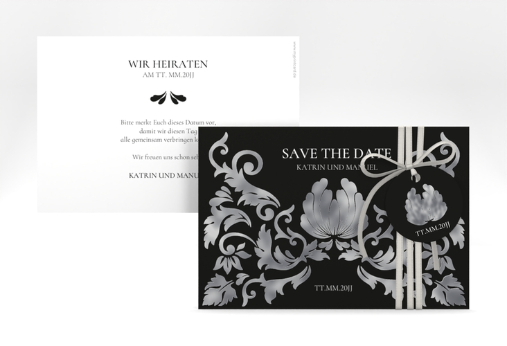 Save the Date-Karte Royal A6 Karte quer schwarz silber mit barockem Blumen-Ornament