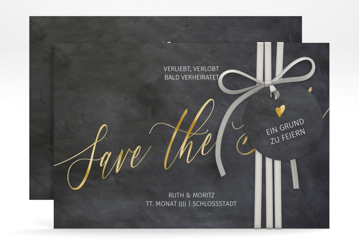 Save the Date-Karte Chalkboard A6 Karte quer schwarz gold mit Folienveredelung