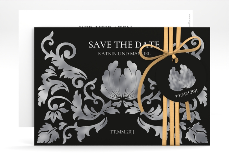 Save the Date-Karte Royal A6 Karte quer schwarz silber mit barockem Blumen-Ornament