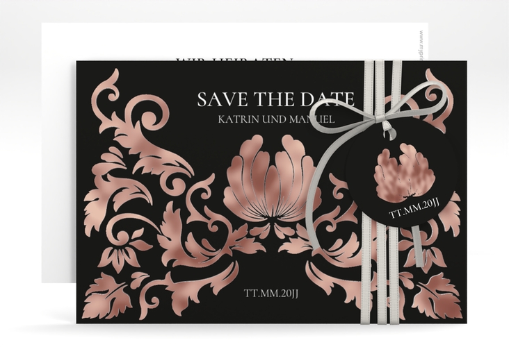 Save the Date-Karte Royal A6 Karte quer schwarz rosegold mit barockem Blumen-Ornament