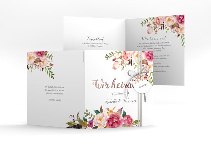 Hochzeitseinladung Flowers quadr. Klappkarte weiss rosegold mit bunten Aquarell-Blumen