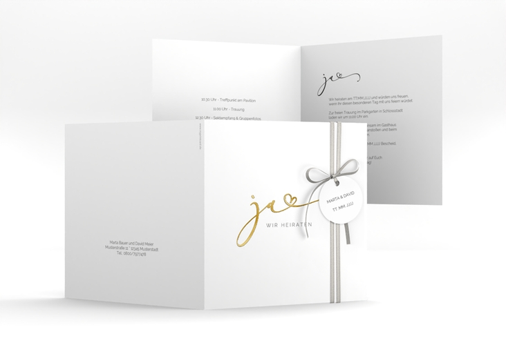 Hochzeitseinladung Jawort quadr. Klappkarte weiss gold modern minimalistisch mit veredelter Aufschrift