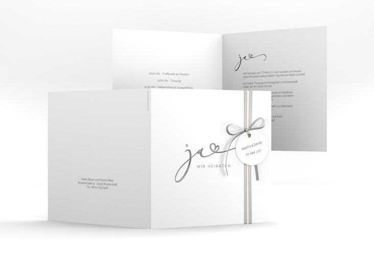 Hochzeitseinladung Jawort quadr. Klappkarte weiss silber modern minimalistisch mit veredelter Aufschrift