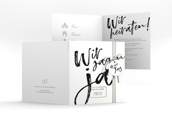 Hochzeitseinladung Words quadr. Klappkarte weiss silber modern mit Brush-Schrift