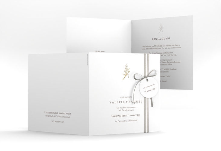 Hochzeitseinladung Ivy quadr. Klappkarte weiss gold minimalistisch mit kleiner botanischer Illustration