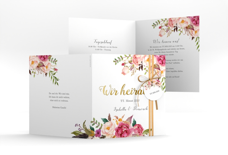 Hochzeitseinladung Flowers quadr. Klappkarte weiss gold mit bunten Aquarell-Blumen