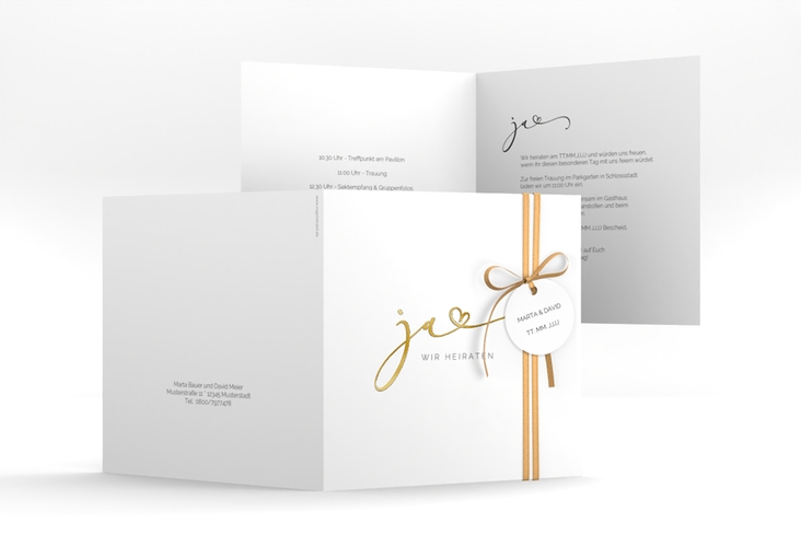 Hochzeitseinladung Jawort quadr. Klappkarte weiss gold modern minimalistisch mit veredelter Aufschrift