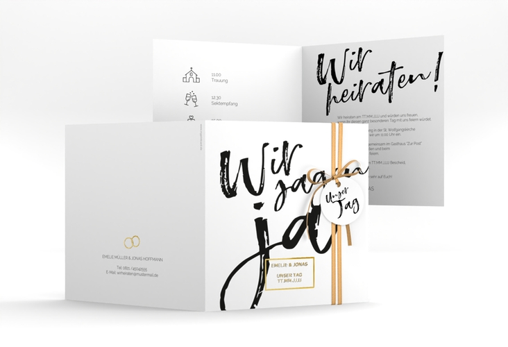 Hochzeitseinladung Words quadr. Klappkarte weiss gold modern mit Brush-Schrift