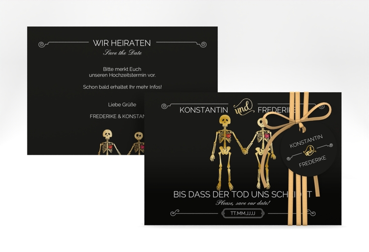 Save the Date-Karte Bones A6 Karte quer schwarz gold lustig mit Skelett-Brautpaar