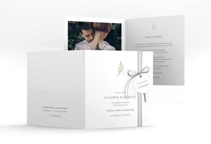 Hochzeitseinladung Ivy quadr. Klappkarte weiss gold minimalistisch mit kleiner botanischer Illustration