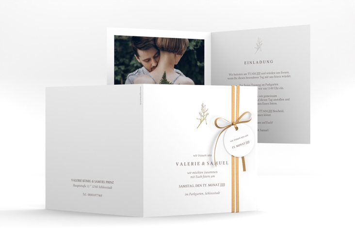 Hochzeitseinladung Ivy quadr. Klappkarte weiss gold minimalistisch mit kleiner botanischer Illustration