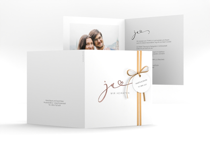 Hochzeitseinladung Jawort quadr. Klappkarte weiss rosegold modern minimalistisch mit veredelter Aufschrift