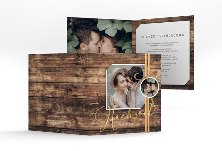 Hochzeitseinladung Rustic quadr. Klappkarte braun gold in Holz-Optik mit Foto