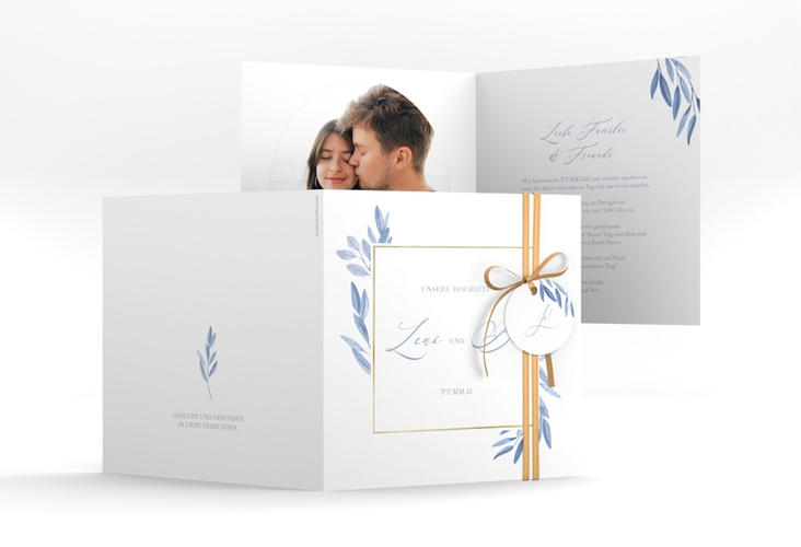 Hochzeitseinladung Classicblue quadr. Klappkarte weiss gold