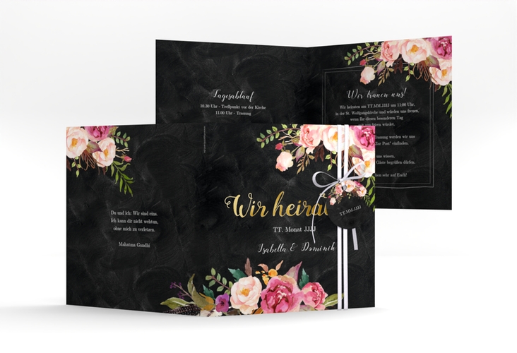 Hochzeitseinladung Flowers quadr. Klappkarte schwarz gold mit bunten Aquarell-Blumen