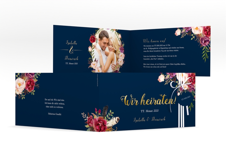 Hochzeitseinladung Flowers lange Klappkarte quer blau gold mit bunten Aquarell-Blumen