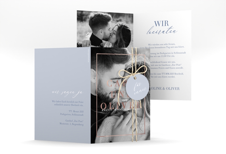 Einladungskarte Hochzeit Moment A6 Klappkarte hoch blau rosegold