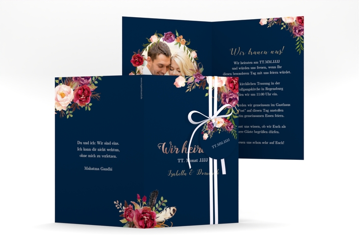 Einladungskarte Hochzeit Flowers A6 Klappkarte hoch blau rosegold mit bunten Aquarell-Blumen