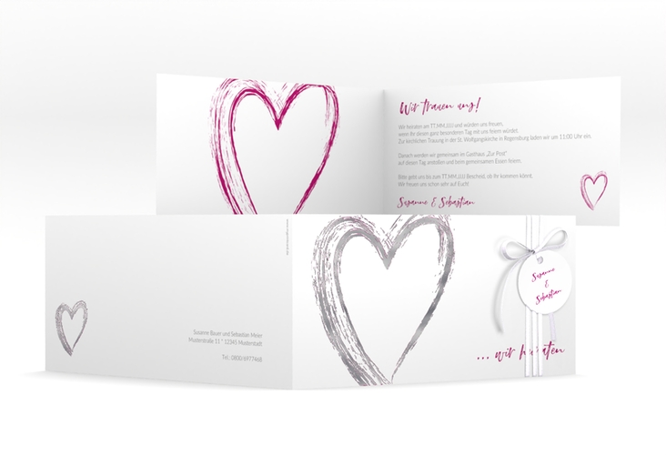 Hochzeitseinladung Liebe lange Klappkarte quer pink silber