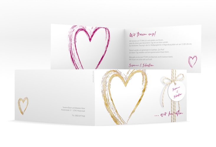 Hochzeitseinladung Liebe lange Klappkarte quer pink gold