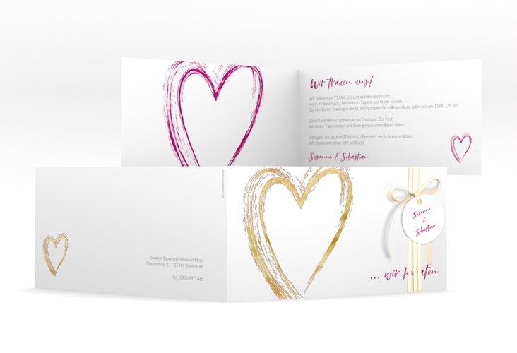 Hochzeitseinladung Liebe lange Klappkarte quer pink gold