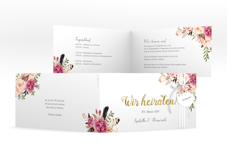 Hochzeitseinladung Flowers lange Klappkarte quer weiss gold mit bunten Aquarell-Blumen