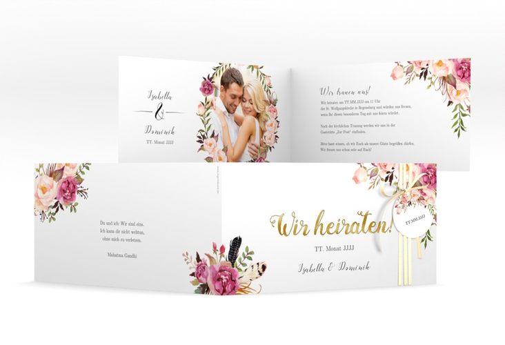 Hochzeitseinladung Flowers lange Klappkarte quer weiss gold mit bunten Aquarell-Blumen