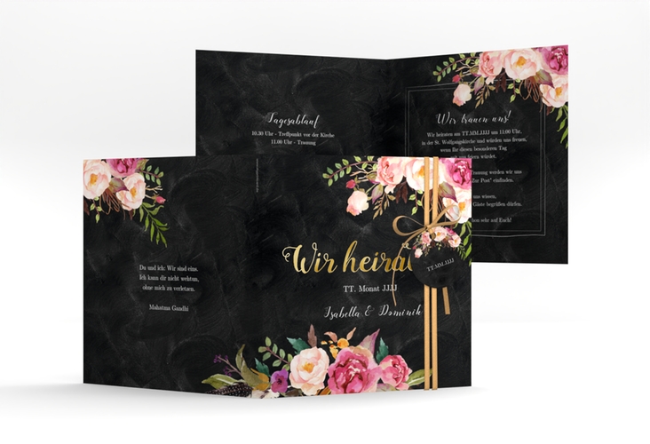 Hochzeitseinladung Flowers quadr. Klappkarte schwarz gold mit bunten Aquarell-Blumen