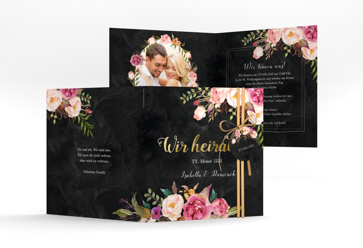 Hochzeitseinladung Flowers quadr. Klappkarte schwarz gold mit bunten Aquarell-Blumen