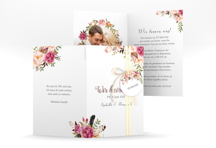 Einladungskarte Hochzeit Flowers A6 Klappkarte hoch weiss rosegold mit bunten Aquarell-Blumen