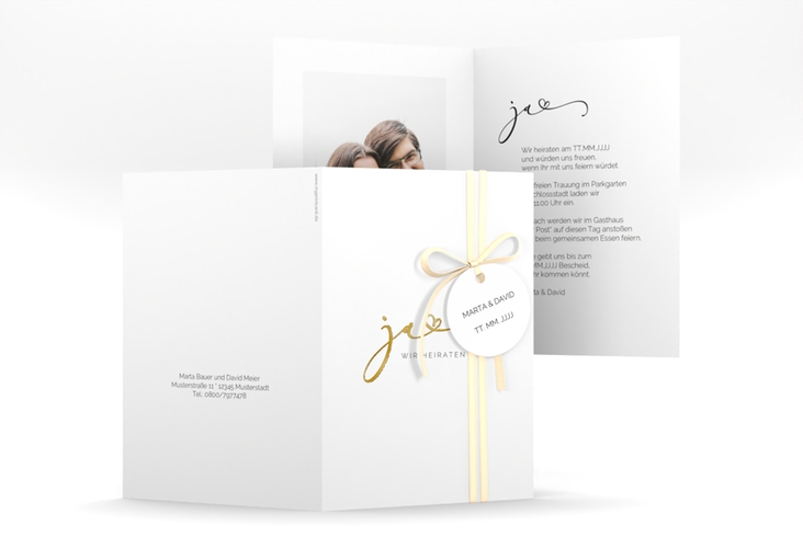 Hochzeitseinladung Jawort A6 Klappkarte hoch weiss gold modern minimalistisch mit veredelter Aufschrift