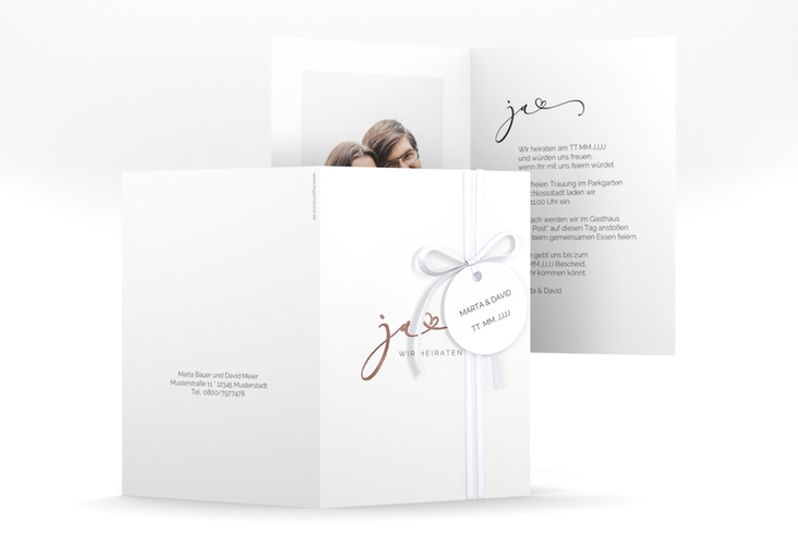 Hochzeitseinladung Jawort A6 Klappkarte hoch weiss rosegold modern minimalistisch mit veredelter Aufschrift