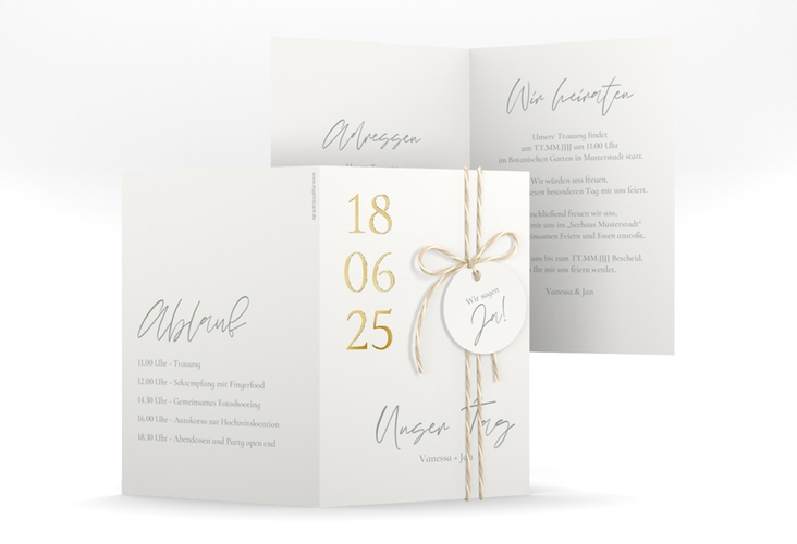 Einladungskarte Hochzeit Day A6 Klappkarte hoch weiss gold mit Datum im minimalistischen Design