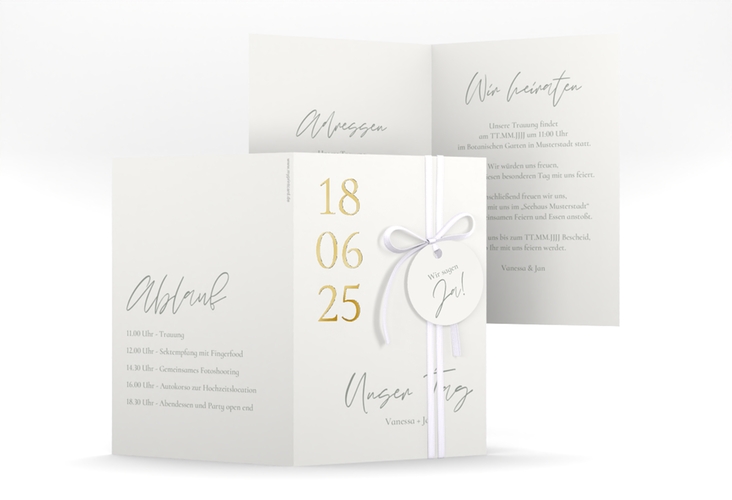 Einladungskarte Hochzeit Day A6 Klappkarte hoch weiss gold mit Datum im minimalistischen Design