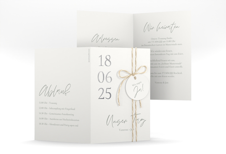 Einladungskarte Hochzeit Day A6 Klappkarte hoch weiss silber mit Datum im minimalistischen Design