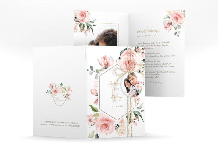 Einladungskarte Hochzeit Graceful A6 Klappkarte hoch weiss rosegold mit Rosenblüten in Rosa und Weiß