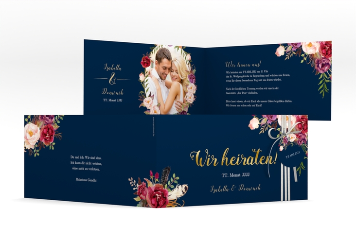 Hochzeitseinladung Flowers lange Klappkarte quer blau gold mit bunten Aquarell-Blumen