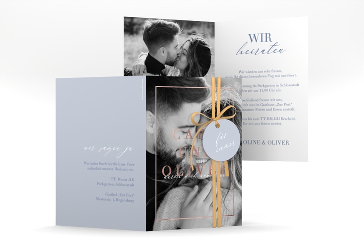 Einladungskarte Hochzeit Moment A6 Klappkarte hoch blau rosegold