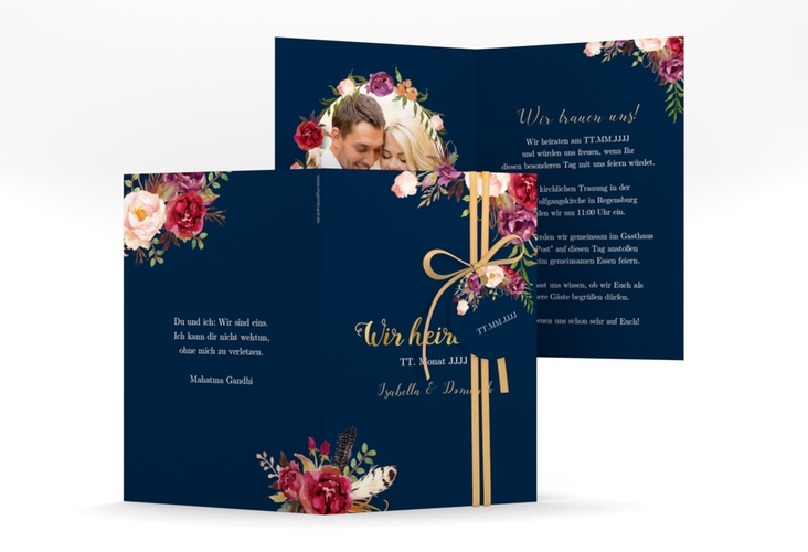 Einladungskarte Hochzeit Flowers A6 Klappkarte hoch blau gold mit bunten Aquarell-Blumen