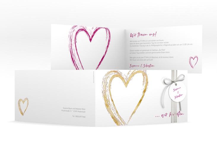 Hochzeitseinladung Liebe lange Klappkarte quer pink gold