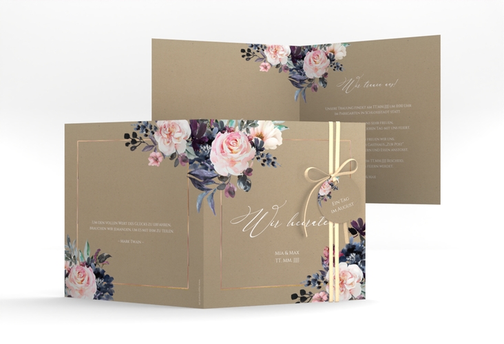 Hochzeitseinladung Abendlicht quadr. Klappkarte Kraftpapier rosegold