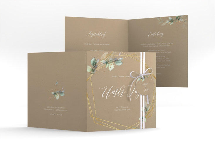 Hochzeitseinladung Greenish quadr. Klappkarte Kraftpapier gold