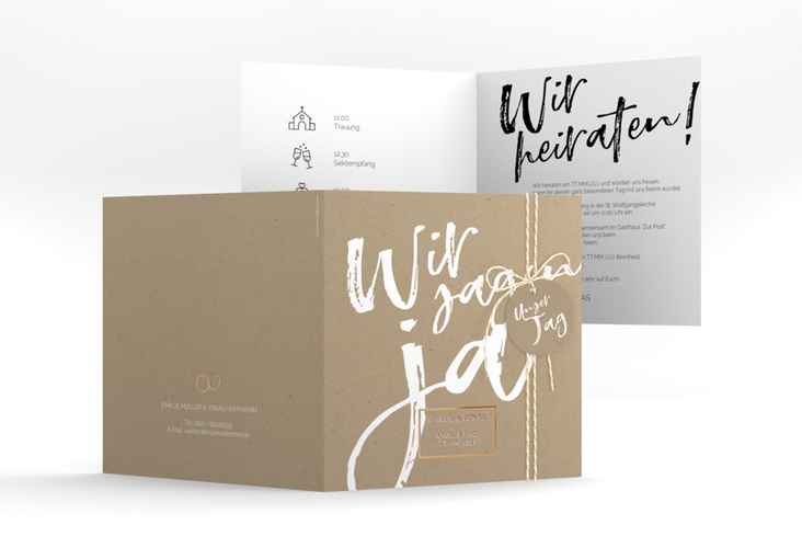 Hochzeitseinladung Words quadr. Klappkarte Kraftpapier rosegold modern mit Brush-Schrift