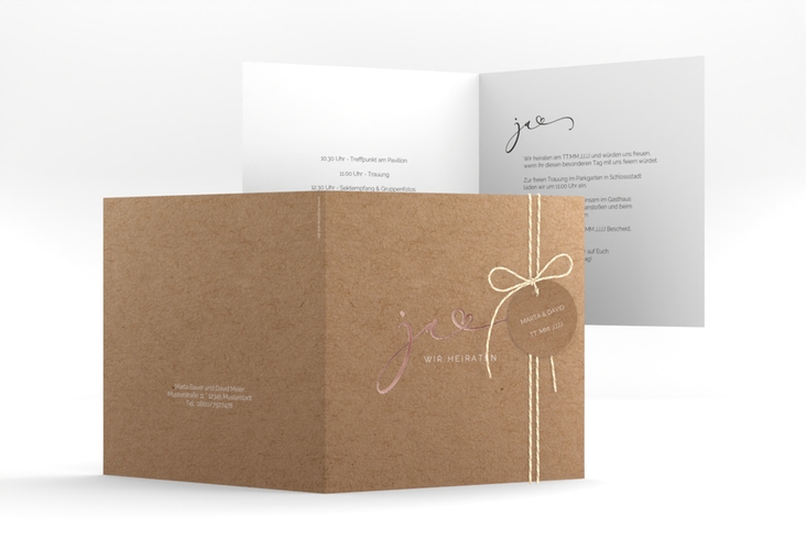 Hochzeitseinladung Jawort quadr. Klappkarte Kraftpapier rosegold modern minimalistisch mit veredelter Aufschrift