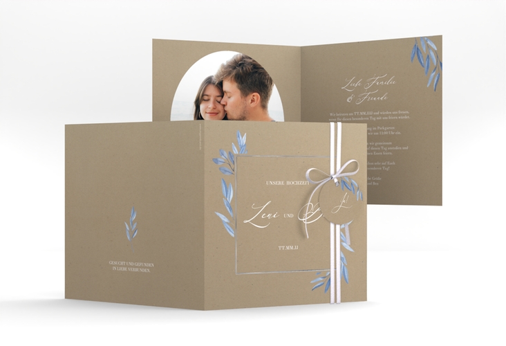 Hochzeitseinladung Classicblue quadr. Klappkarte Kraftpapier silber